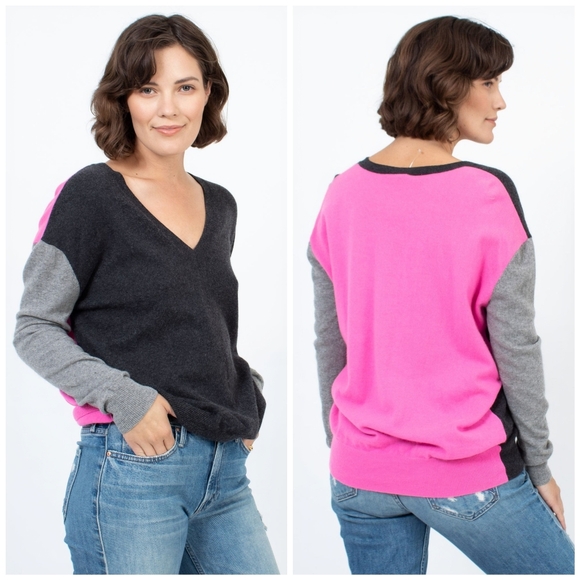 Autumn Cashmere 100% Cashmere Color Block Gray Pink V Neck Sweater, M